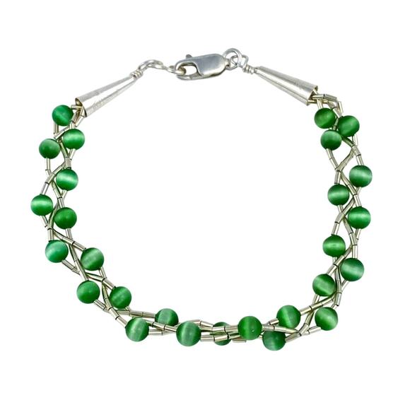 Green Cat’s Eye Double Strand Bead Bracelet | Cone Tip Sterling Silver |  7.25" - Picture 1 of 5